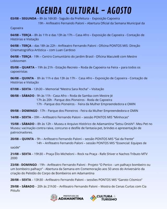 Agenda Cultural de Agosto em Adamantina: Diversão e Cultura para Todos