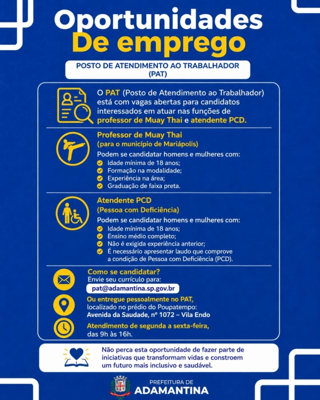 Oportunidades de Emprego em Adamantina: Professor de Muay Thai e Atendente PCD