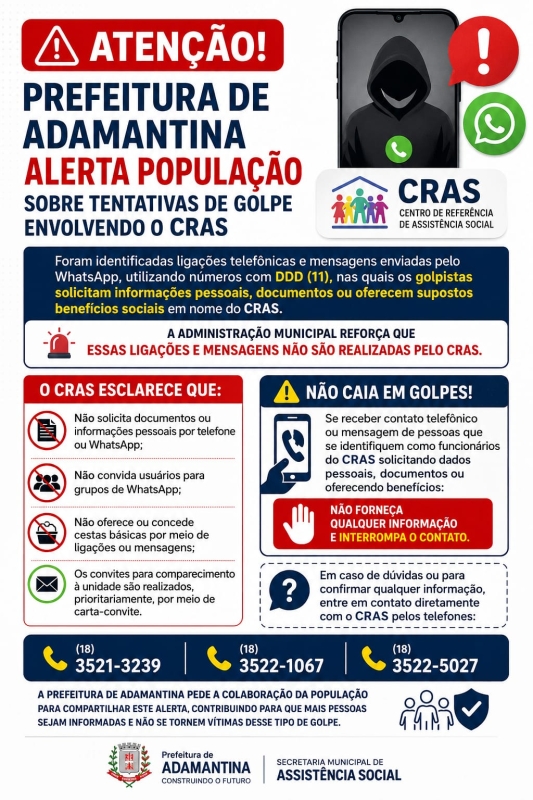 Prefeitura de Adamantina alerta sobre golpes envolvendo o CRAS