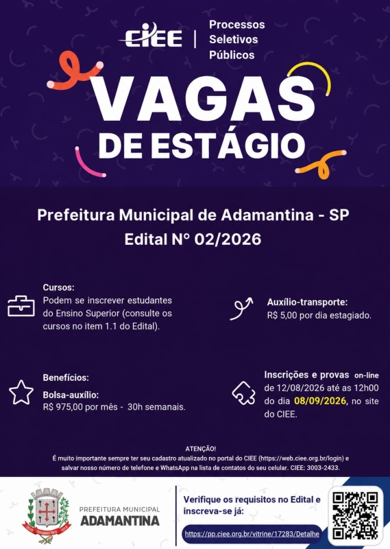 Adamantina abre inscrições para processo seletivo com provas online gratuitas