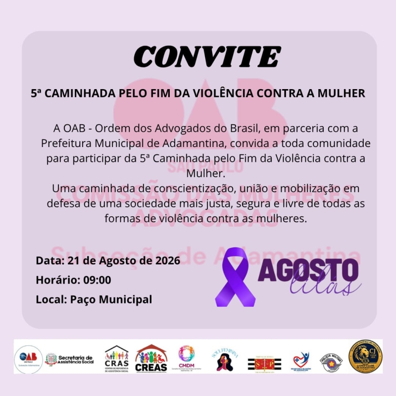5ª Caminhada em Adamantina Contra a Violência às Mulheres Acontecerá em Agosto de 2026