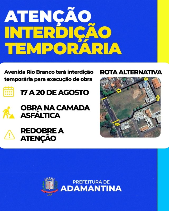 Interdição na Avenida Rio Branco para obras de asfaltamento em agosto de 2026