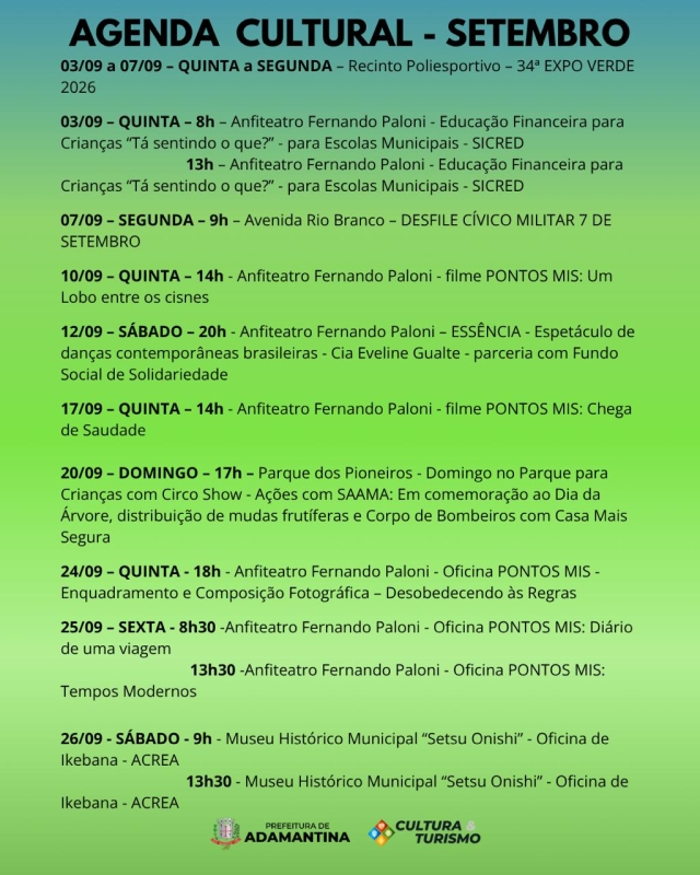 Agenda Cultural de Setembro em Adamantina: Diversão e Aprendizado para Todos