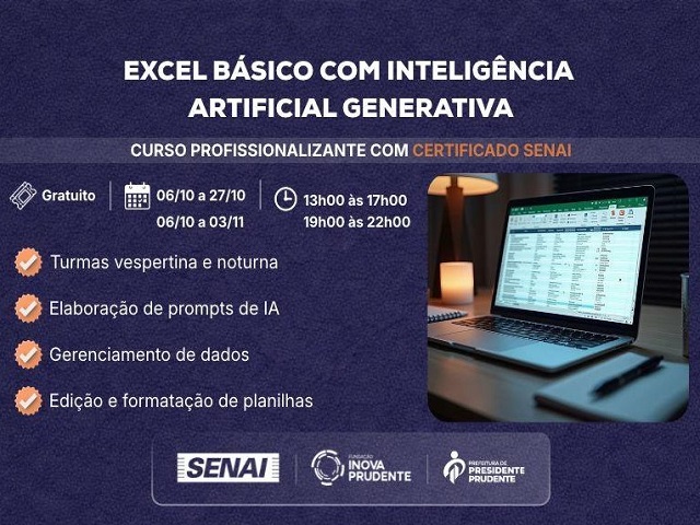 Curso Gratuito de Excel Básico com IA Generativa do Senai em Presidente Prudente