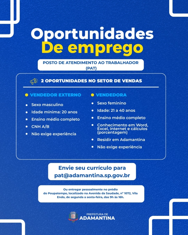 PAT de Adamantina oferece vagas para vendedor e vendedora; saiba como se candidatar