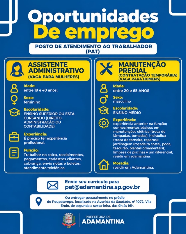 PAT de Adamantina oferece vagas para Assistente Administrativo e Manutenção Predial