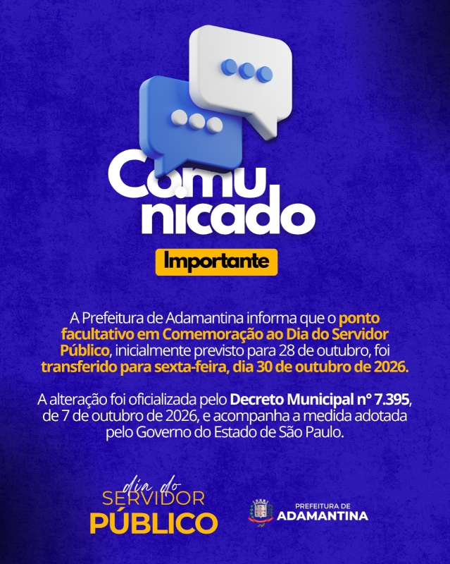 Adamantina muda ponto facultativo para 30 de outubro em homenagem ao servidor público